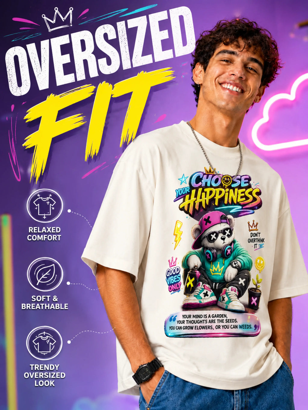 Excello Men's Oversized Graphic T-Shirt - "Choose Your Happiness" Print, 240 GSM Pure Cotton, Biowashed
