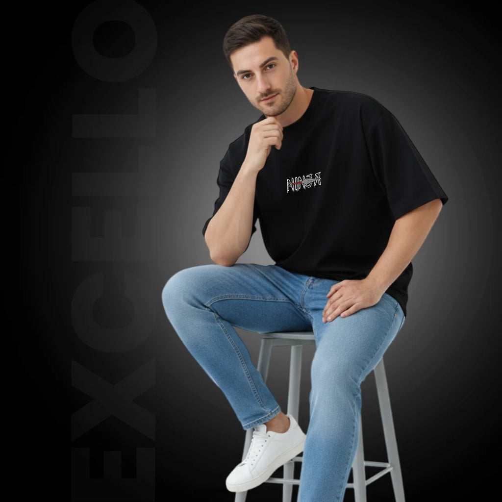 Men's 100% Pure Cotton Oversized T-Shirt – Black Streetwear Tee with Samurai & Kunai Graphic Print