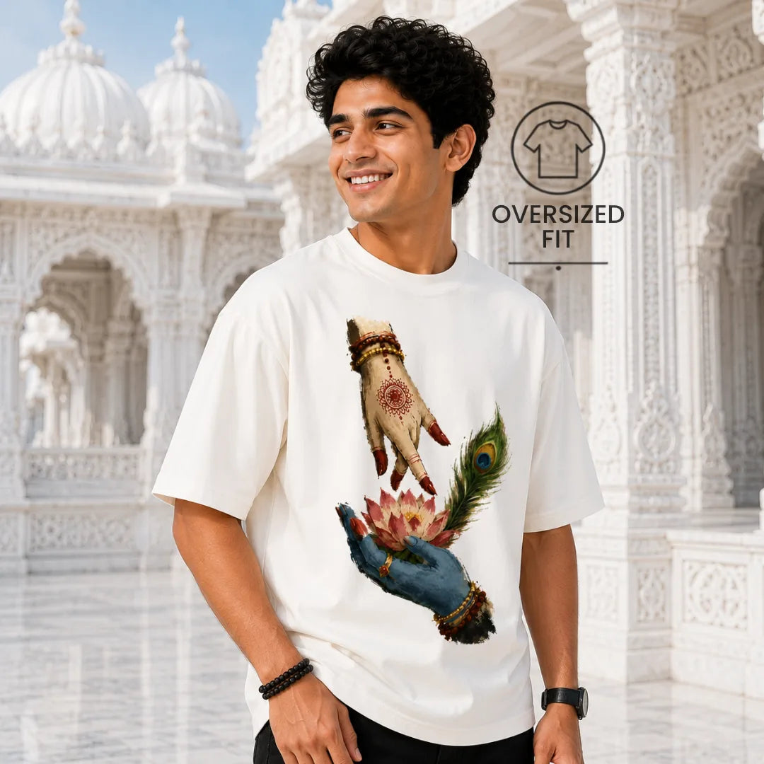 Excello Men's Divine Radha Krishna Lotus Graphic Oversized T-Shirt - 240 GSM Pure Cotton, Bio-Washed