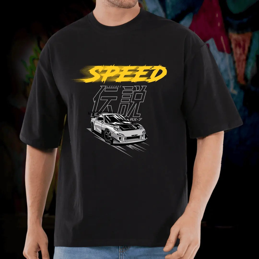 Oversized Black T-Shirt for Men with Speed Car Print