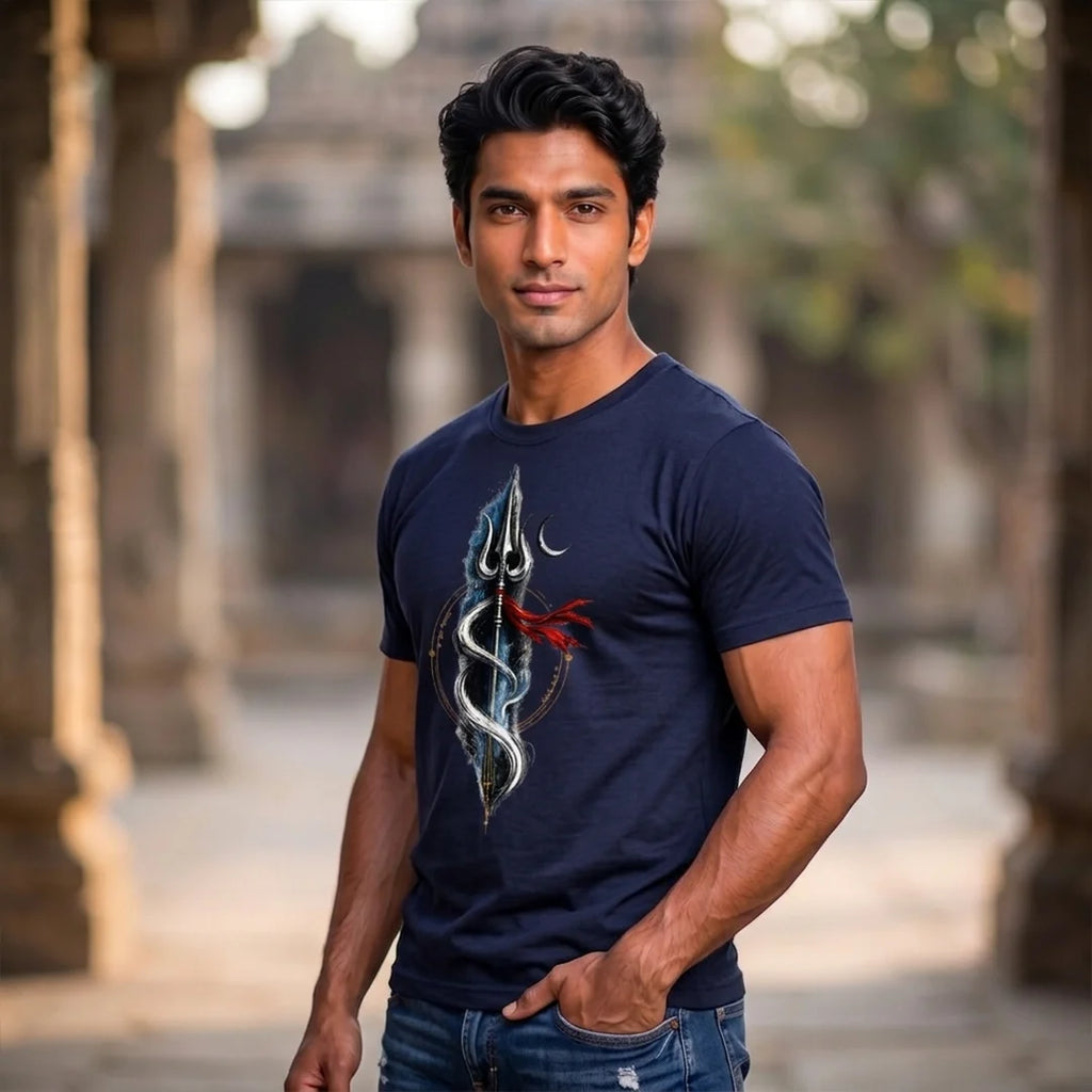 Men's Pure Cotton Regular Fit Mahadev Trishul Crescent Moon Printed T-Shirt | 180 GSM Bio-Washed Spiritual Graphic Tee