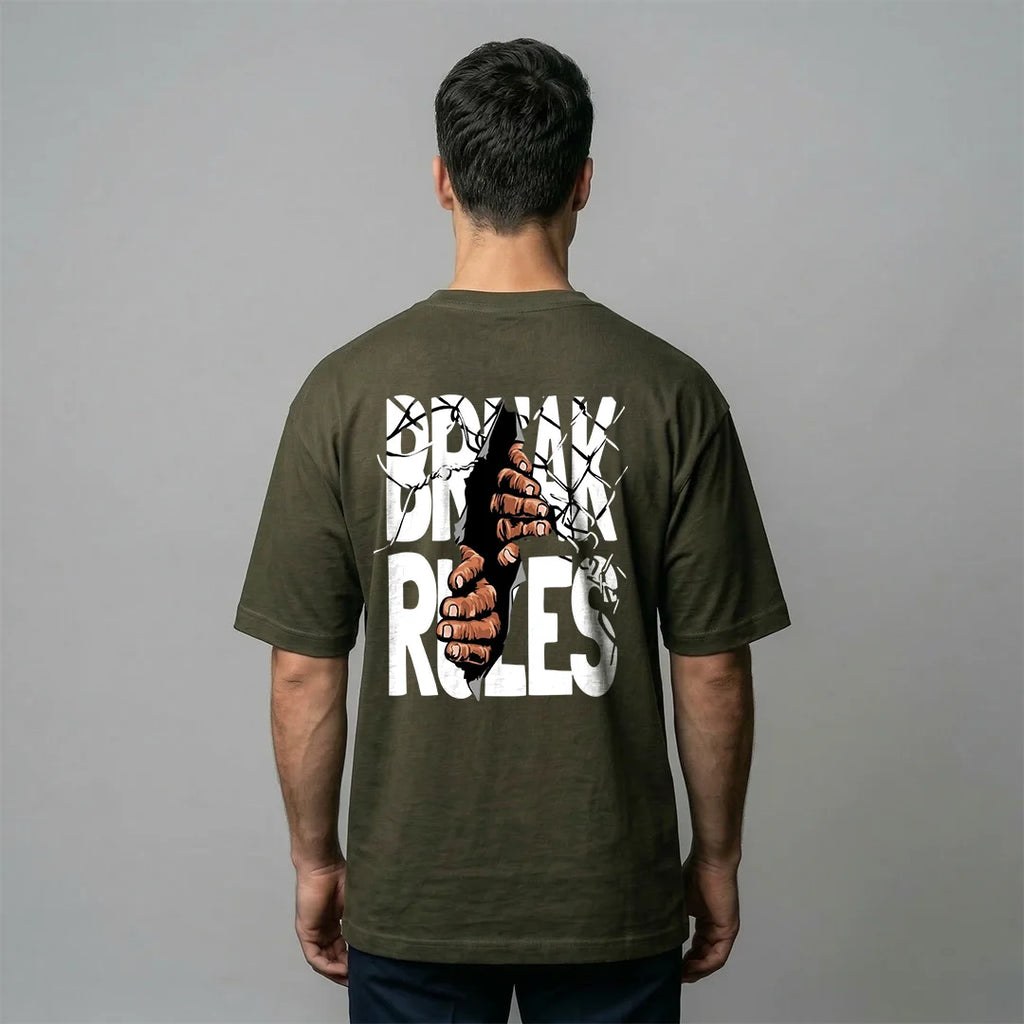 "Break Rules" Urban Rebellion Oversized T-Shirt – Premium 240 GSM Olive Green Graphic Tee