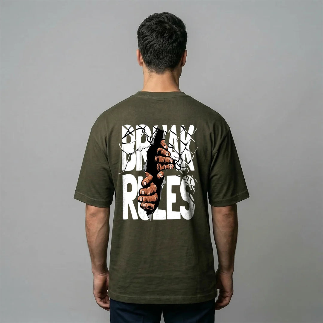 "Break Rules" Urban Rebellion Oversized T-Shirt – Premium 240 GSM Olive Green Graphic Tee
