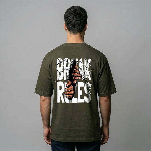 "Break Rules" Urban Rebellion Oversized T-Shirt – Premium 240 GSM Olive Green Graphic Tee
