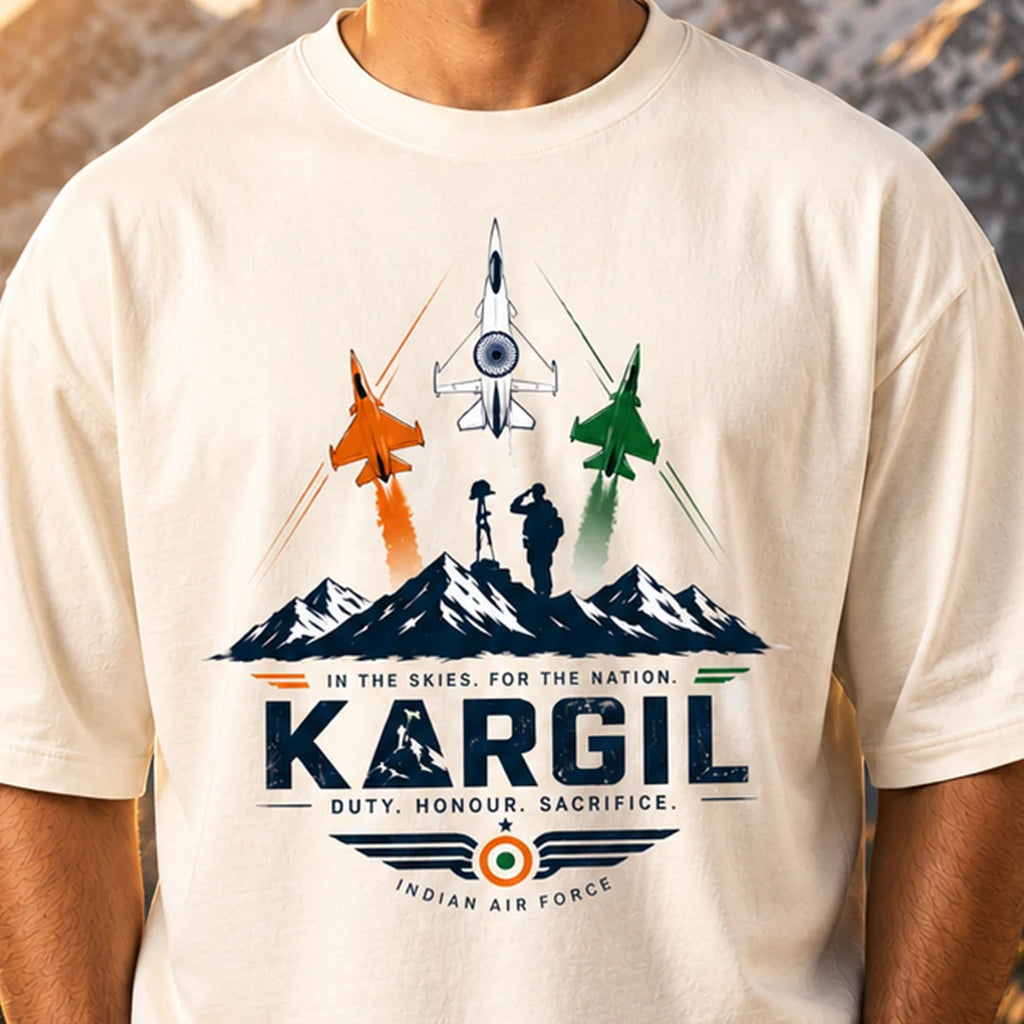 Men's Oversized Graphic T-Shirt - Kargil Indian Air Force Tribute, 240 GSM Pure Cotton, Bio-Washed