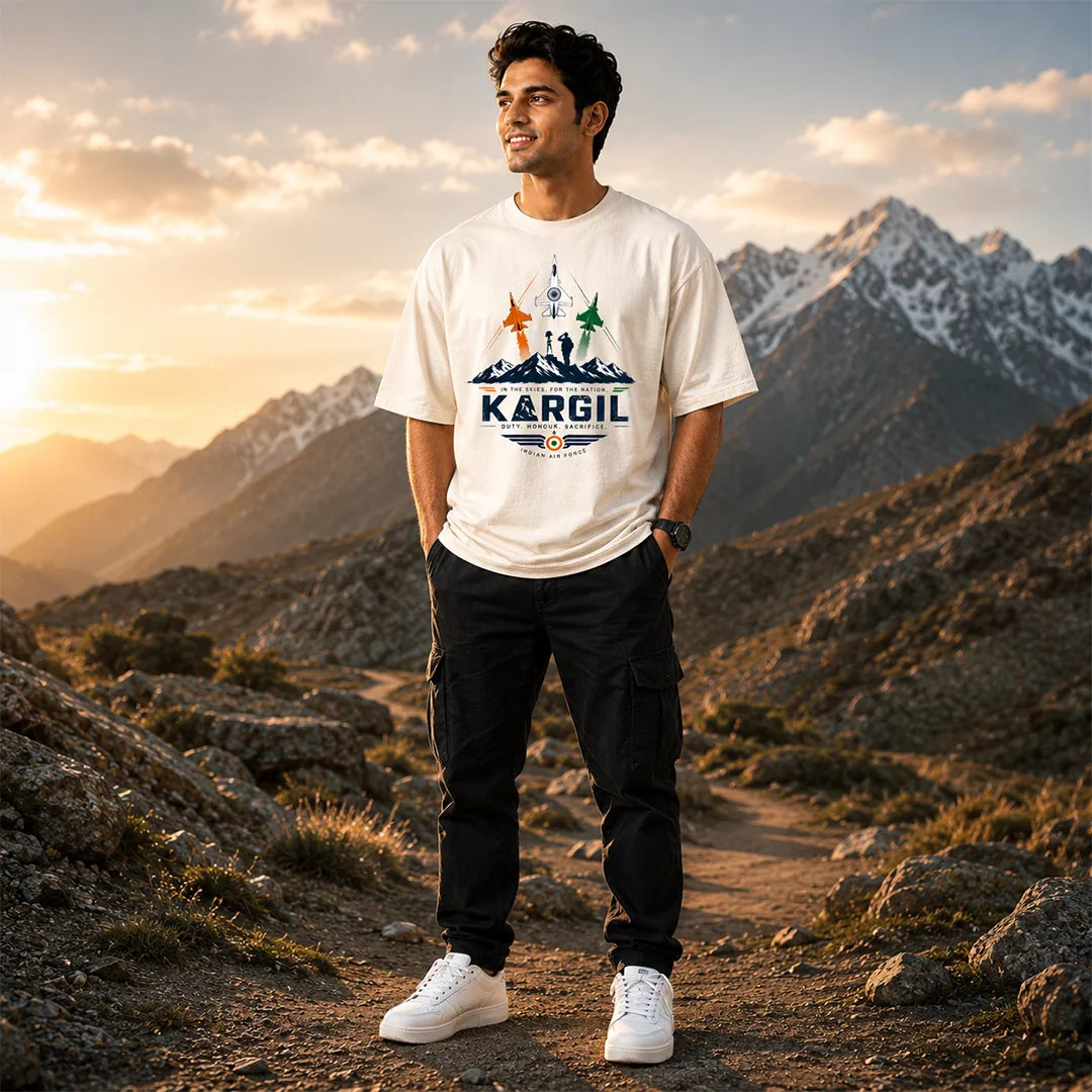 Men's Oversized Graphic T-Shirt - Kargil Indian Air Force Tribute, 240 GSM Pure Cotton, Bio-Washed