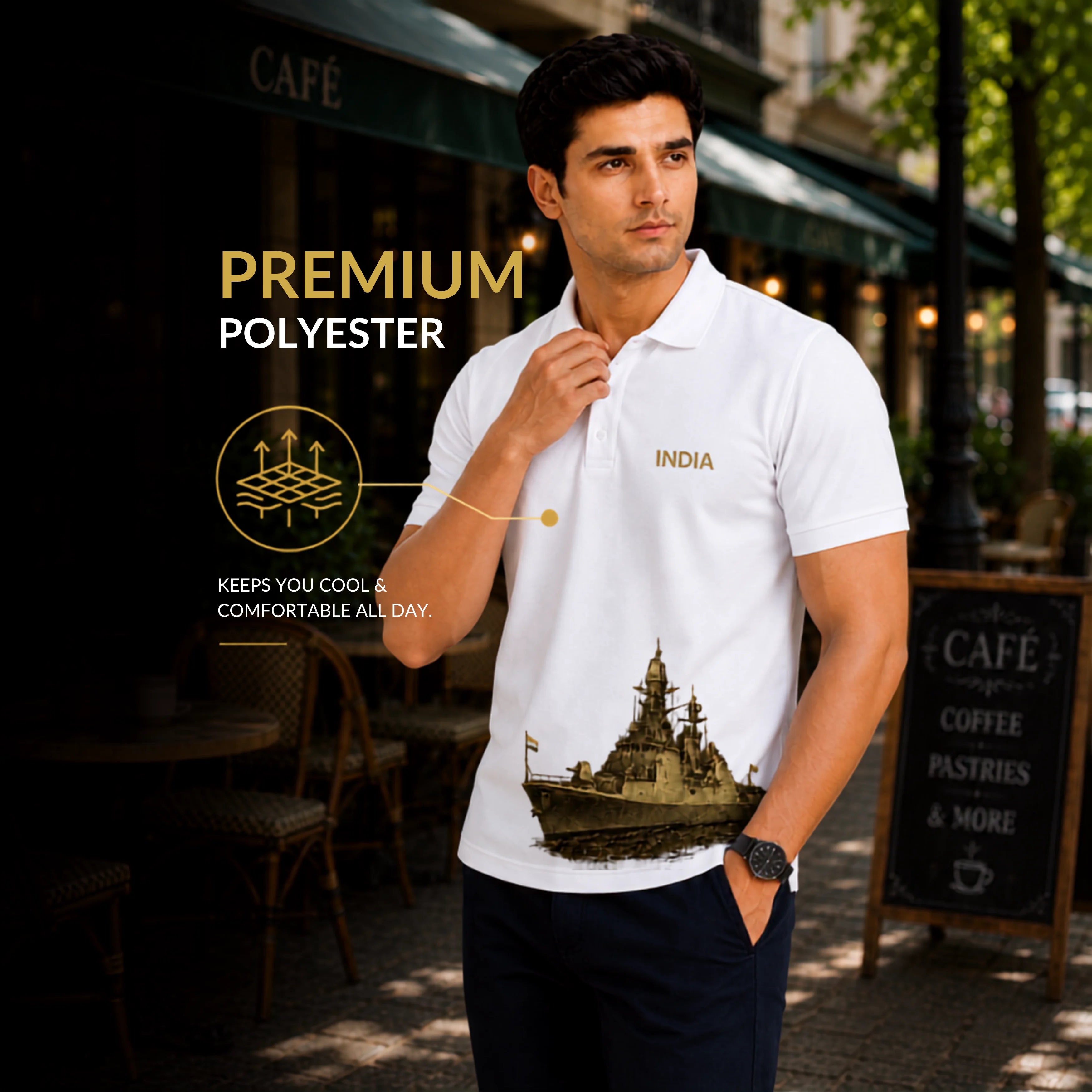 Patriotic India Naval Ship Polo for Men - 210 GSM Breathable T-Shirt