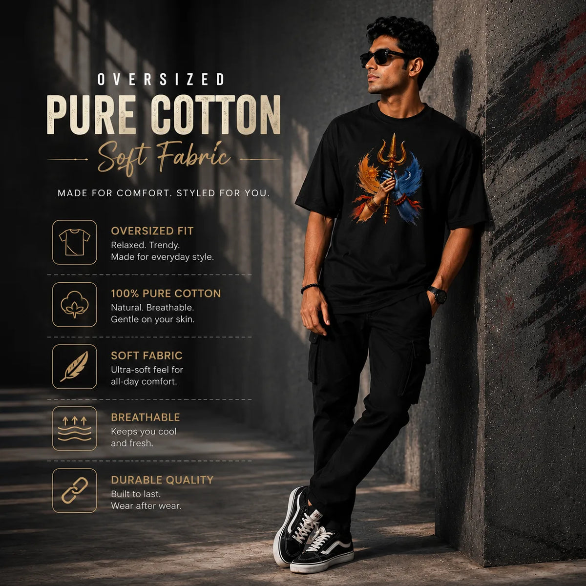 Excello Men's Shiva Shakti Trishul Graphic Oversized T-Shirt - 240 GSM Pure Cotton, Bio-Washed