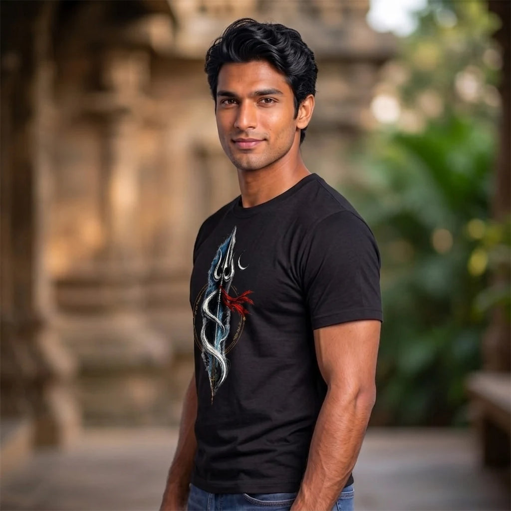 Men's Pure Cotton Regular Fit Mahadev Trishul Crescent Moon Printed T-Shirt | 180 GSM Bio-Washed Spiritual Graphic Tee