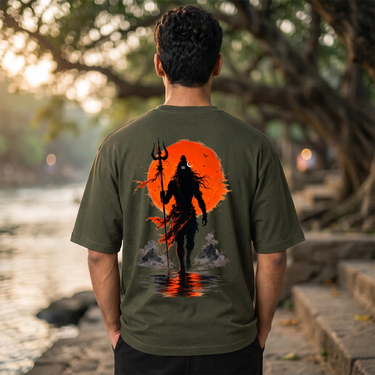 Lord Shiva Mahakal Graphic Printed Oversized T-Shirt | Premium 240 GSM Pure Cotton Breathable Dual-Print Devotional Tee