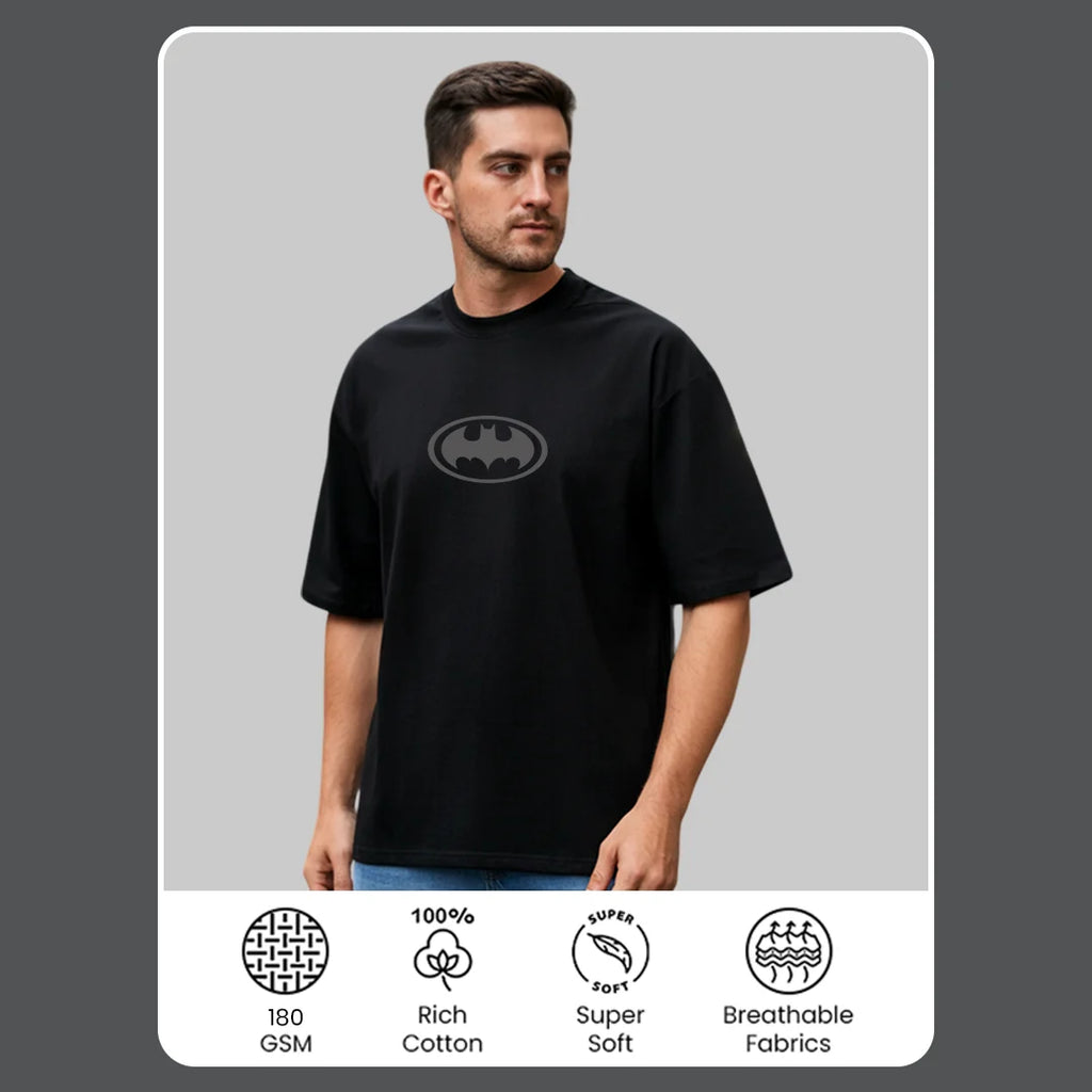 Men's Black Oversized Batman Graphic T-Shirt - 240 GSM Pure Cotton Biowashed Streetwear