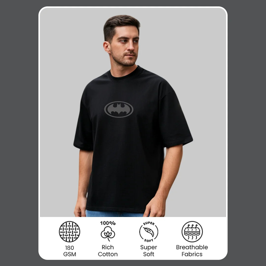 Men's Black Oversized Batman Graphic T-Shirt - 240 GSM Pure Cotton Biowashed Streetwear