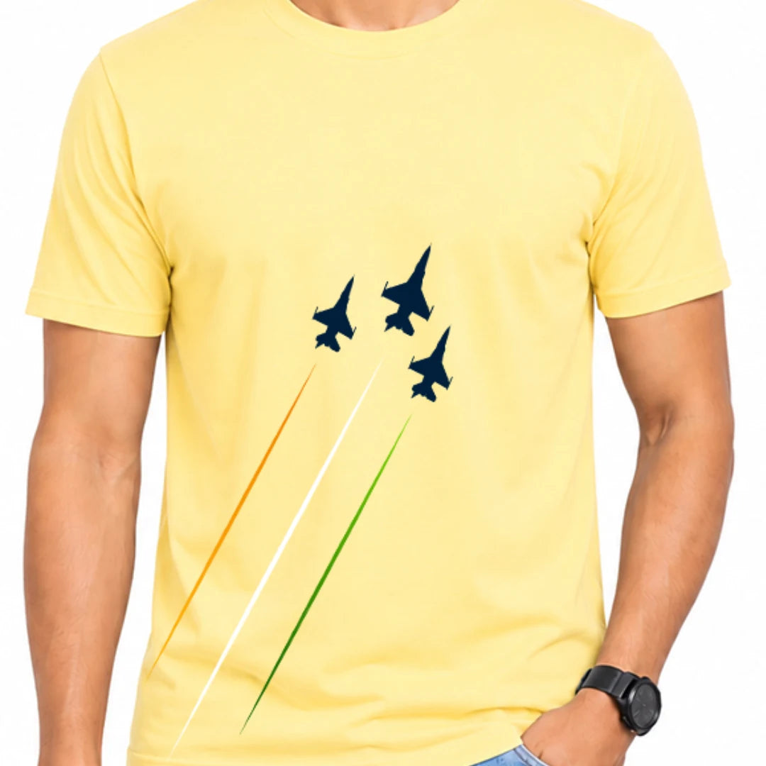 Premium Patriotic Fighter Jet Graphic T-Shirt | 180 GSM Pure Cotton, Bio-Washed Regular Fit