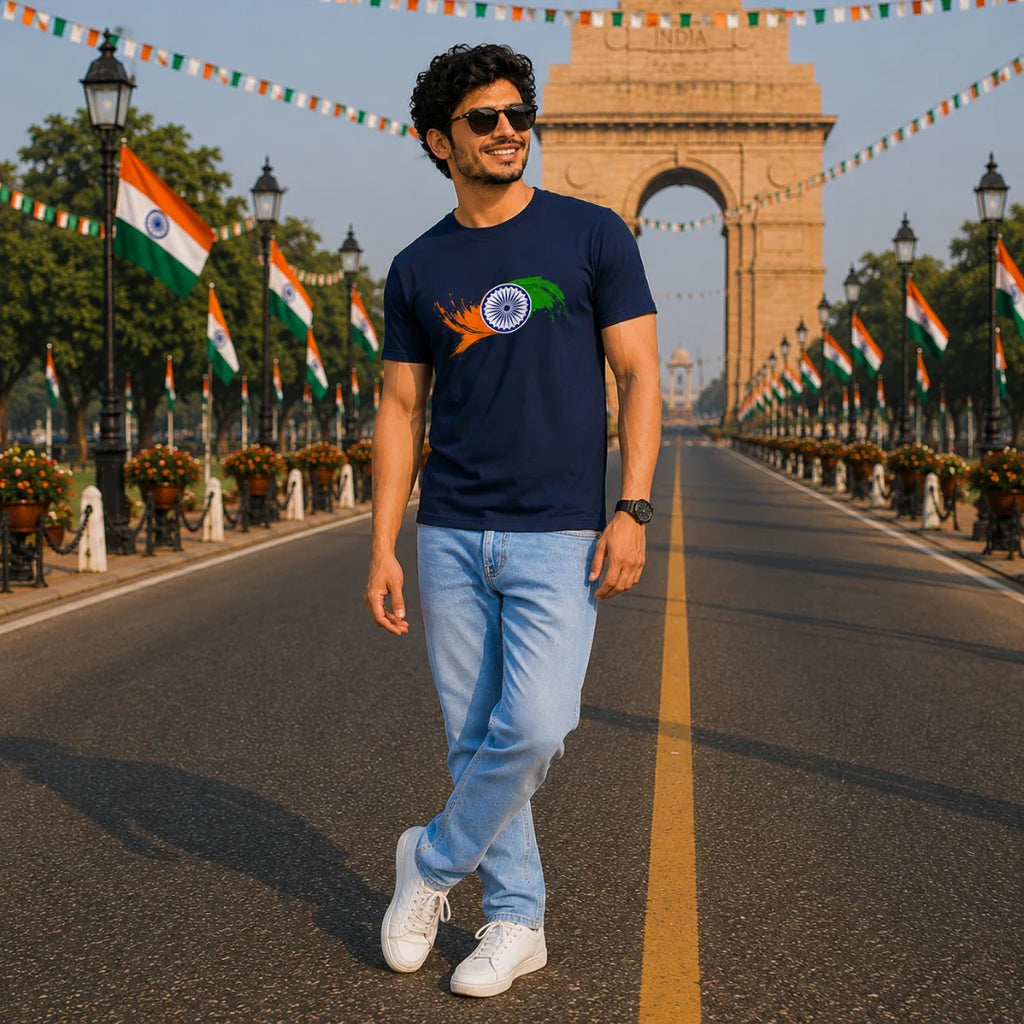 Premium Patriotic Ashoka Chakra T-Shirt | 180 GSM Pure Cotton, Bio-Washed Regular Fit