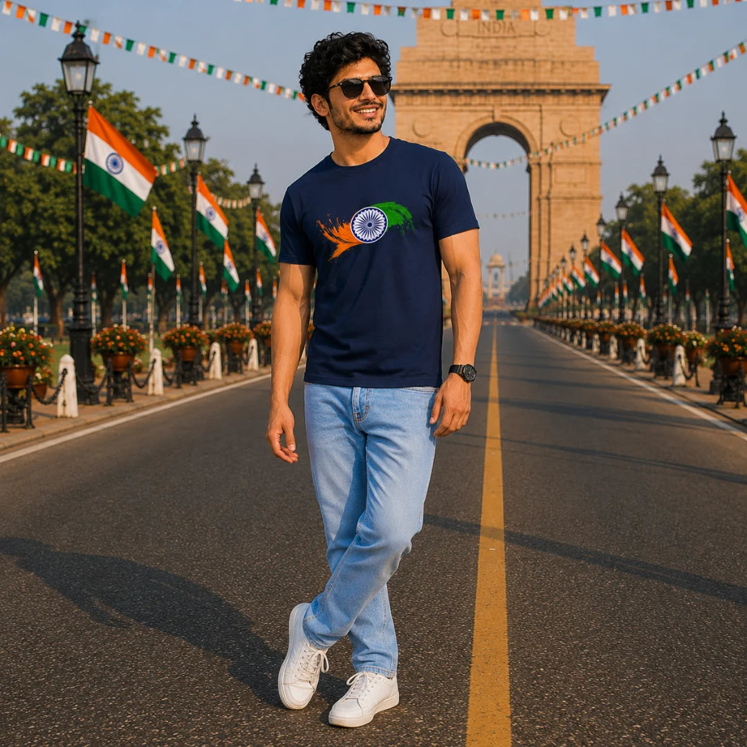 Premium Patriotic Ashoka Chakra T-Shirt | 180 GSM Pure Cotton, Bio-Washed Regular Fit