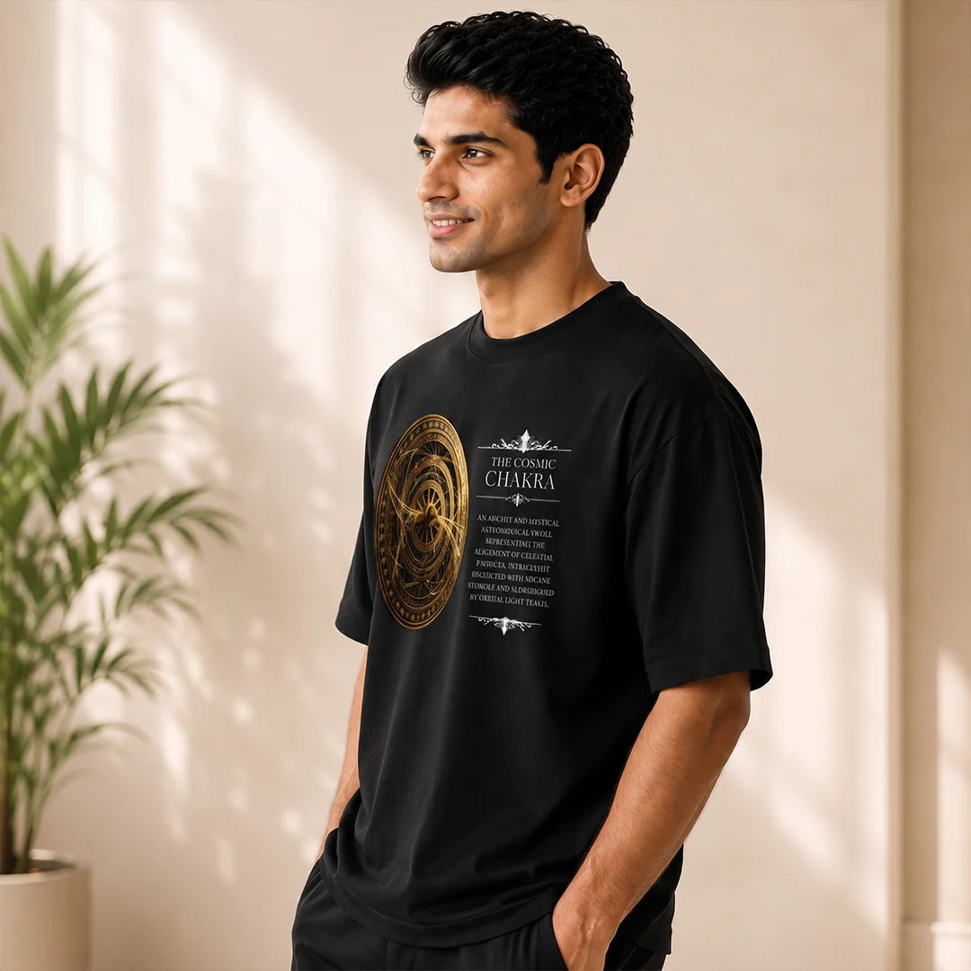 Men's Oversized Graphic T-Shirt - The Cosmic Chakra Mystical Print, 240 GSM Pure Cotton, Bio-Washed