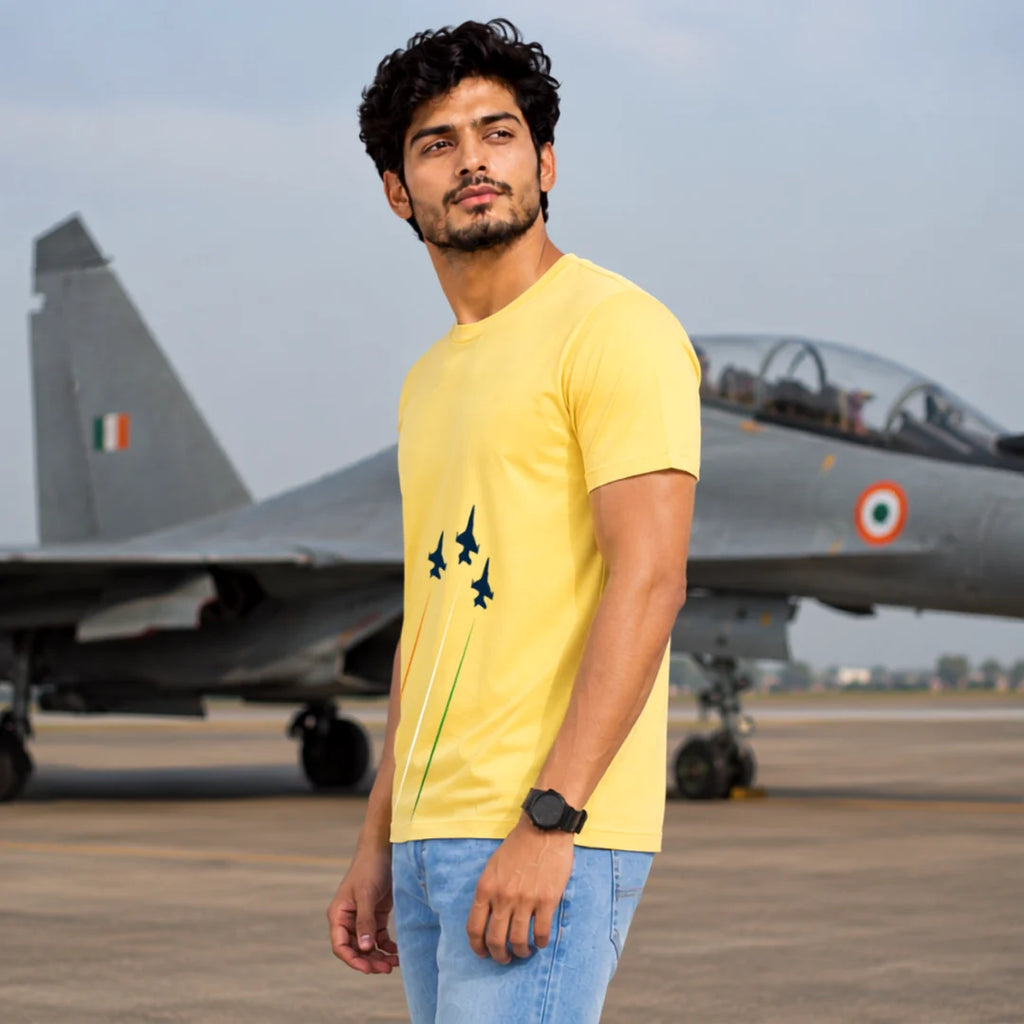 Premium Patriotic Fighter Jet Graphic T-Shirt | 180 GSM Pure Cotton, Bio-Washed Regular Fit