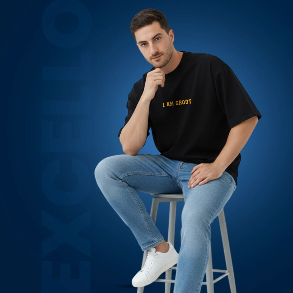 Men's Premium "I Am Groot" Oversized T-Shirt – 100% Rich Cotton, Heavyweight 180 GSM, Black Streetwear Tee