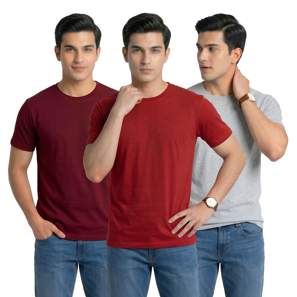 Premium Men’s Round Neck Pure Cotton T-Shirt Combo – 180 GSM Biowashed Regular Fit Half Sleeve Tees (Pack of 3)