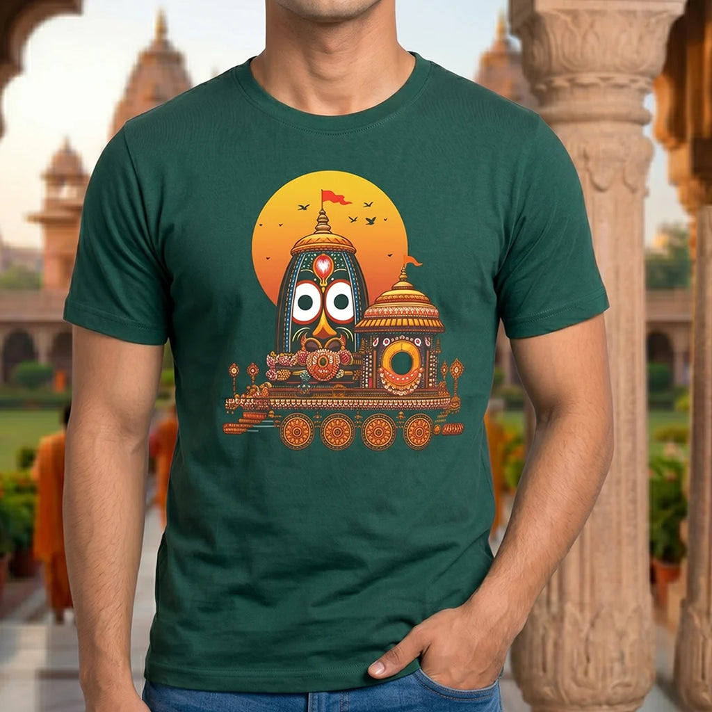 Premium Men's Pure Cotton Lord Jagannath Face & Rath Yatra Chariot Graphic T-Shirt