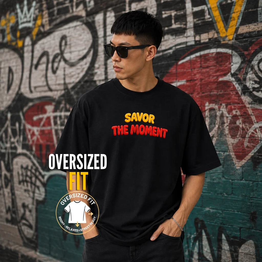 Excello Men's "Savor The Moment" Cat Graphic Oversized T-Shirt - 240 GSM Pure Cotton, Bio-Washed