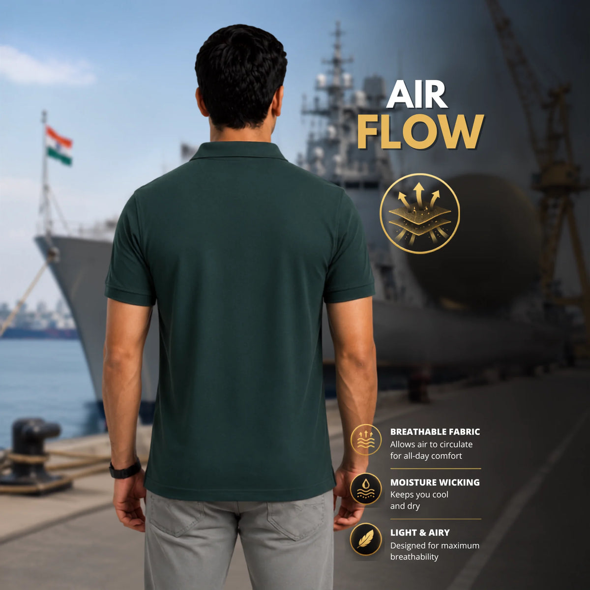 Patriotic India Naval Ship Polo for Men - 210 GSM Breathable T-Shirt
