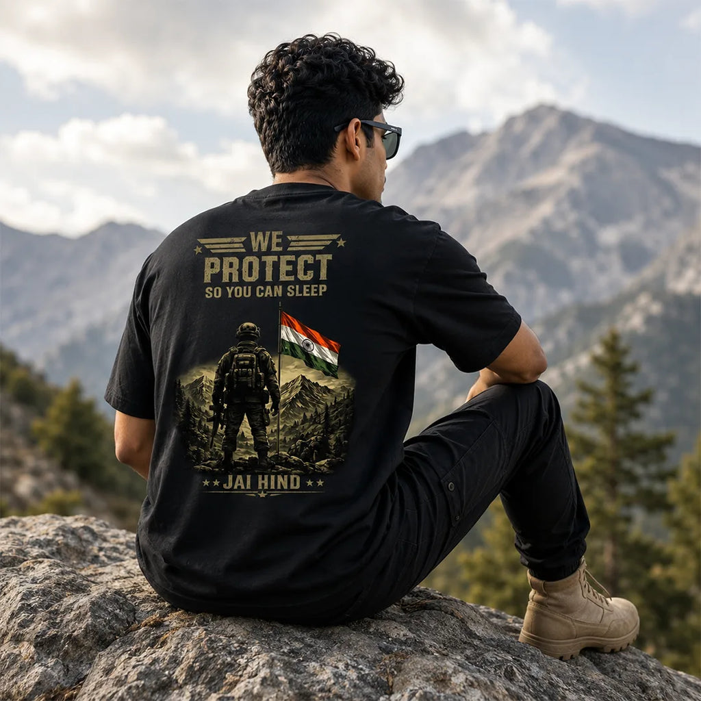 Men's Oversized Graphic T-Shirt - "Jai Hind" Military Tribute, 240 GSM Pure Cotton, Bio-Washed