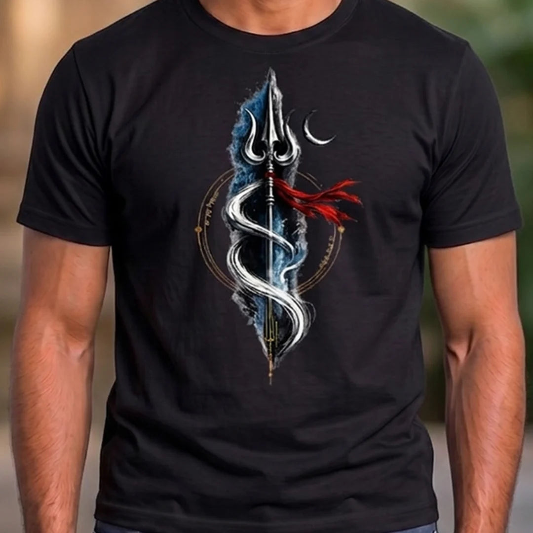Men's Pure Cotton Regular Fit Mahadev Trishul Crescent Moon Printed T-Shirt | 180 GSM Bio-Washed Spiritual Graphic Tee
