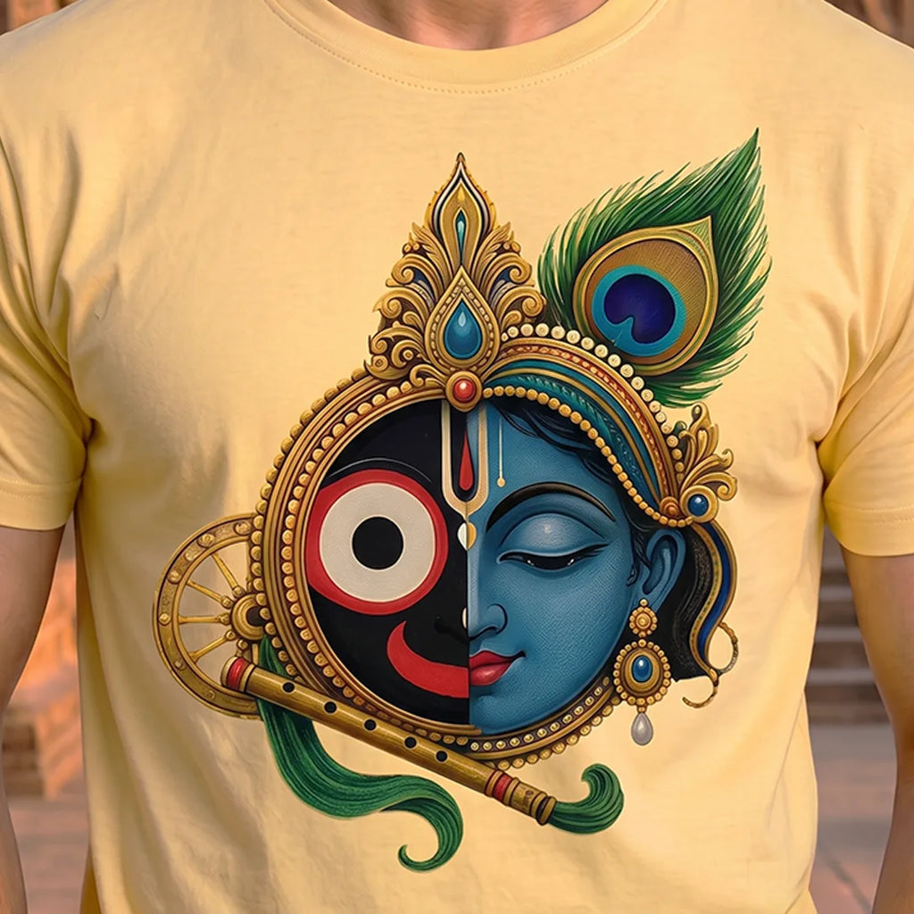 Men's Pure Cotton Lord Jagannath & Sri Krishna Fusion Graphic Printed T-Shirt