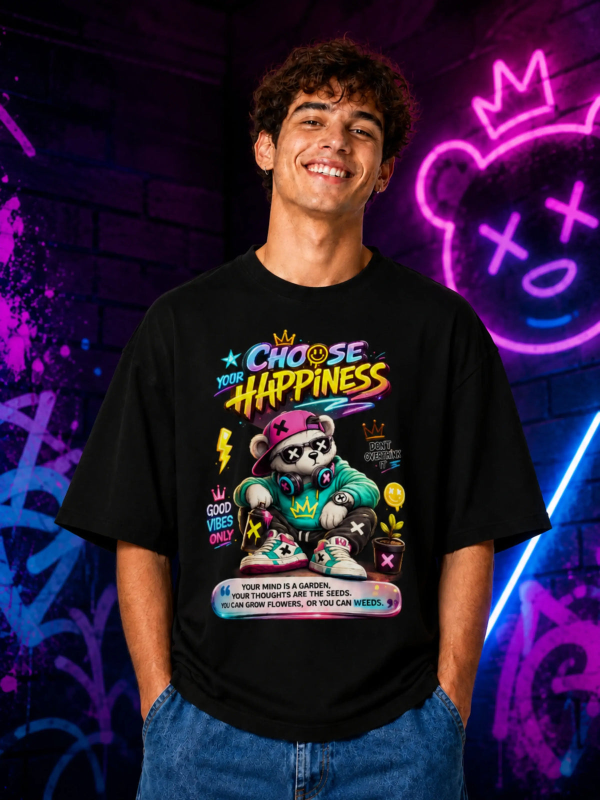Excello Men's Oversized Graphic T-Shirt - "Choose Your Happiness" Print, 240 GSM Pure Cotton, Biowashed