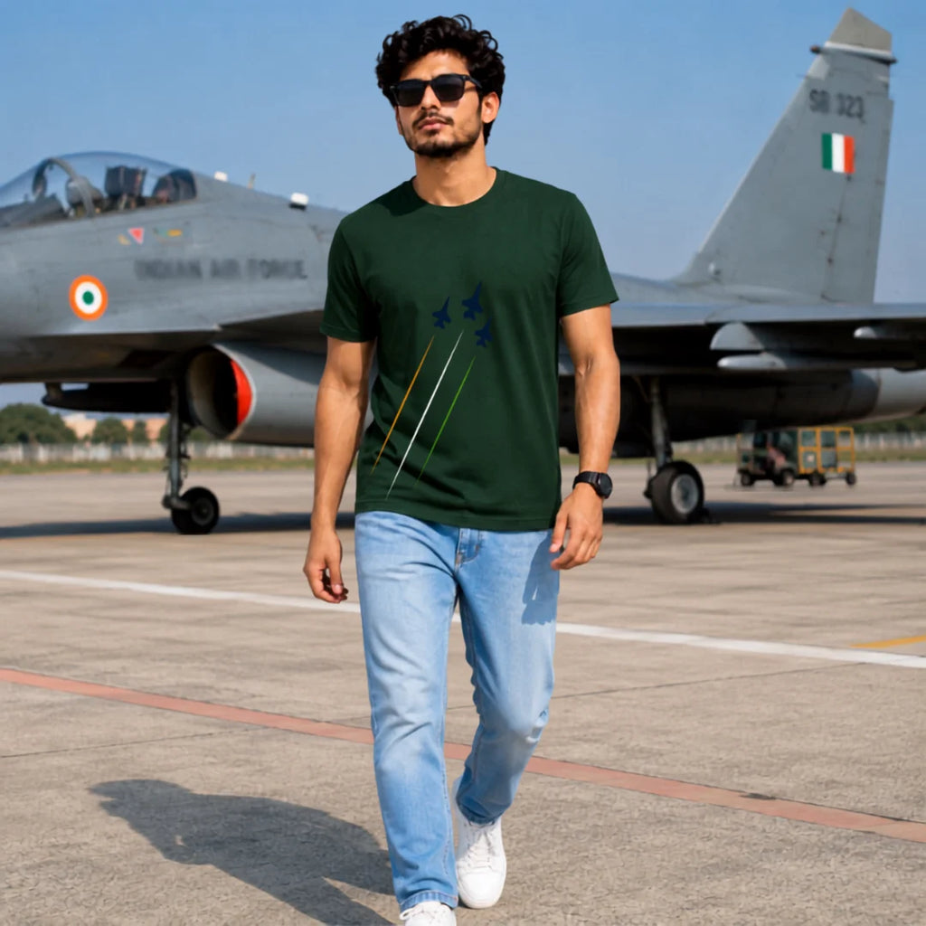 Premium Patriotic Fighter Jet Graphic T-Shirt | 180 GSM Pure Cotton, Bio-Washed Regular Fit