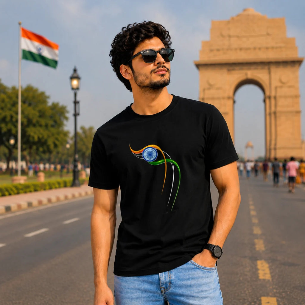 Excello Men's Patriotic Ashoka Chakra Graphic T-Shirt | 180 GSM Pure Cotton | Double Bio-Washed | Premium DTF Print