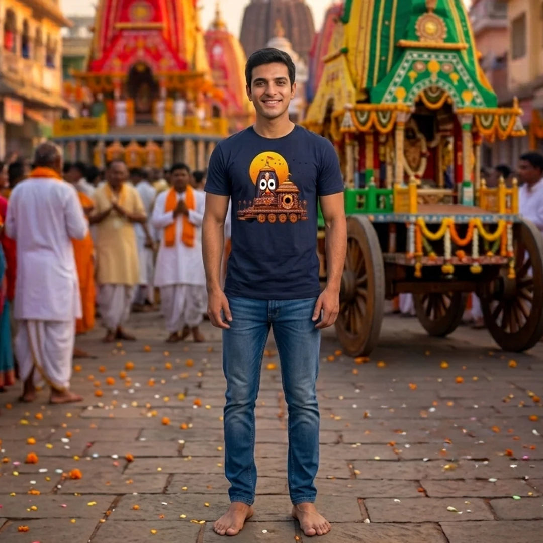 Premium Men's Pure Cotton Lord Jagannath Face & Rath Yatra Chariot Graphic T-Shirt