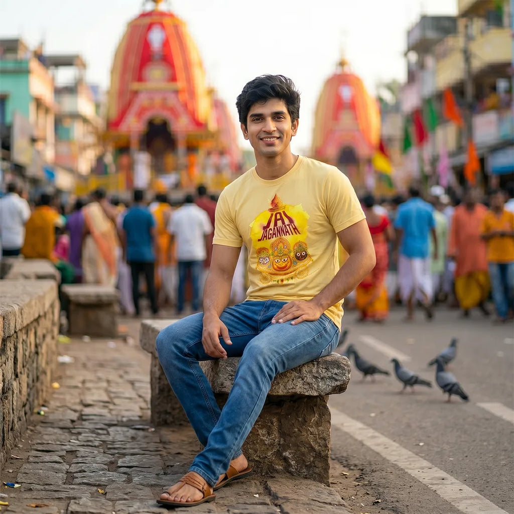 Men's Pure Cotton Jai Jagannath Holy Trinity Graphic Printed T-Shirt