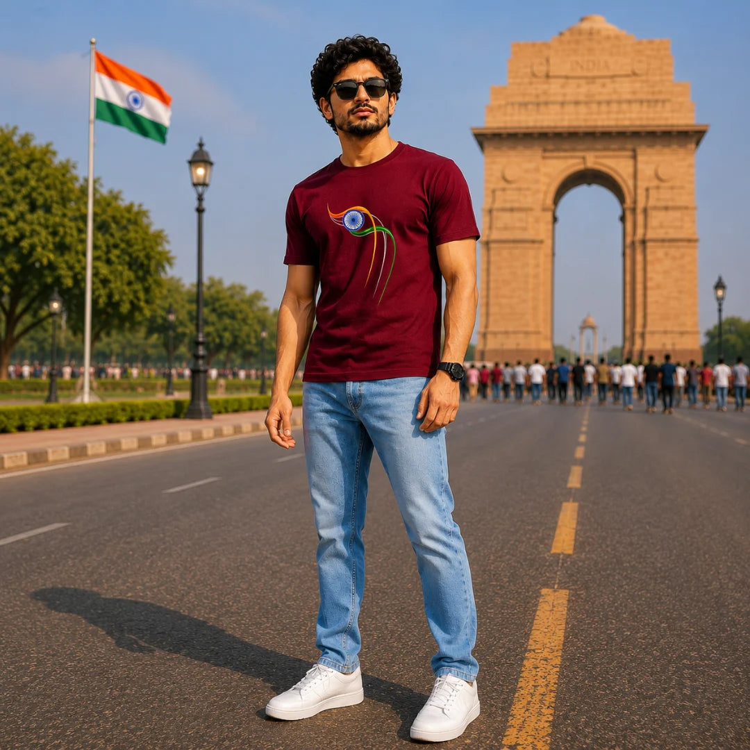 Excello Men's Patriotic Ashoka Chakra Graphic T-Shirt | 180 GSM Pure Cotton | Double Bio-Washed | Premium DTF Print