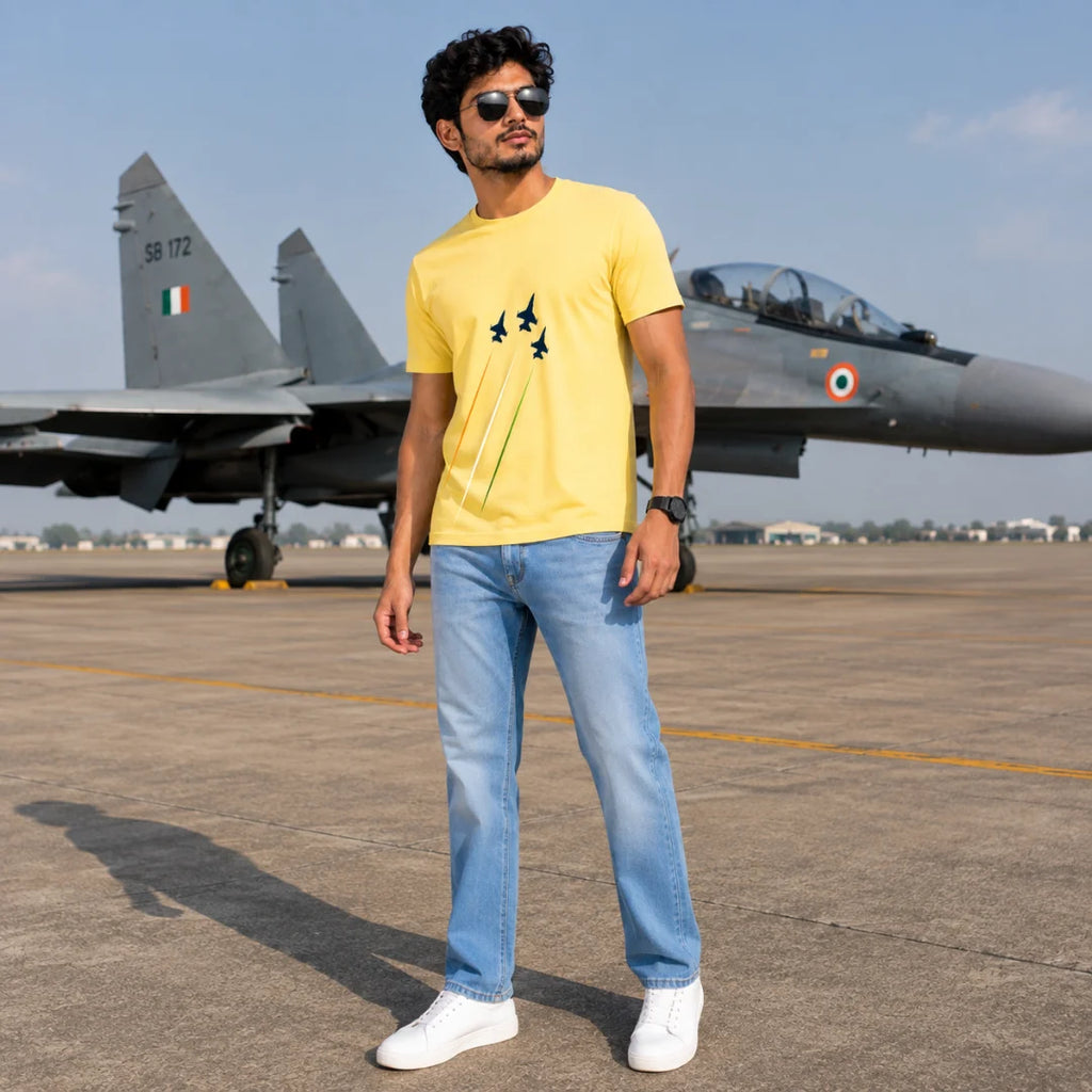 Premium Patriotic Fighter Jet Graphic T-Shirt | 180 GSM Pure Cotton, Bio-Washed Regular Fit