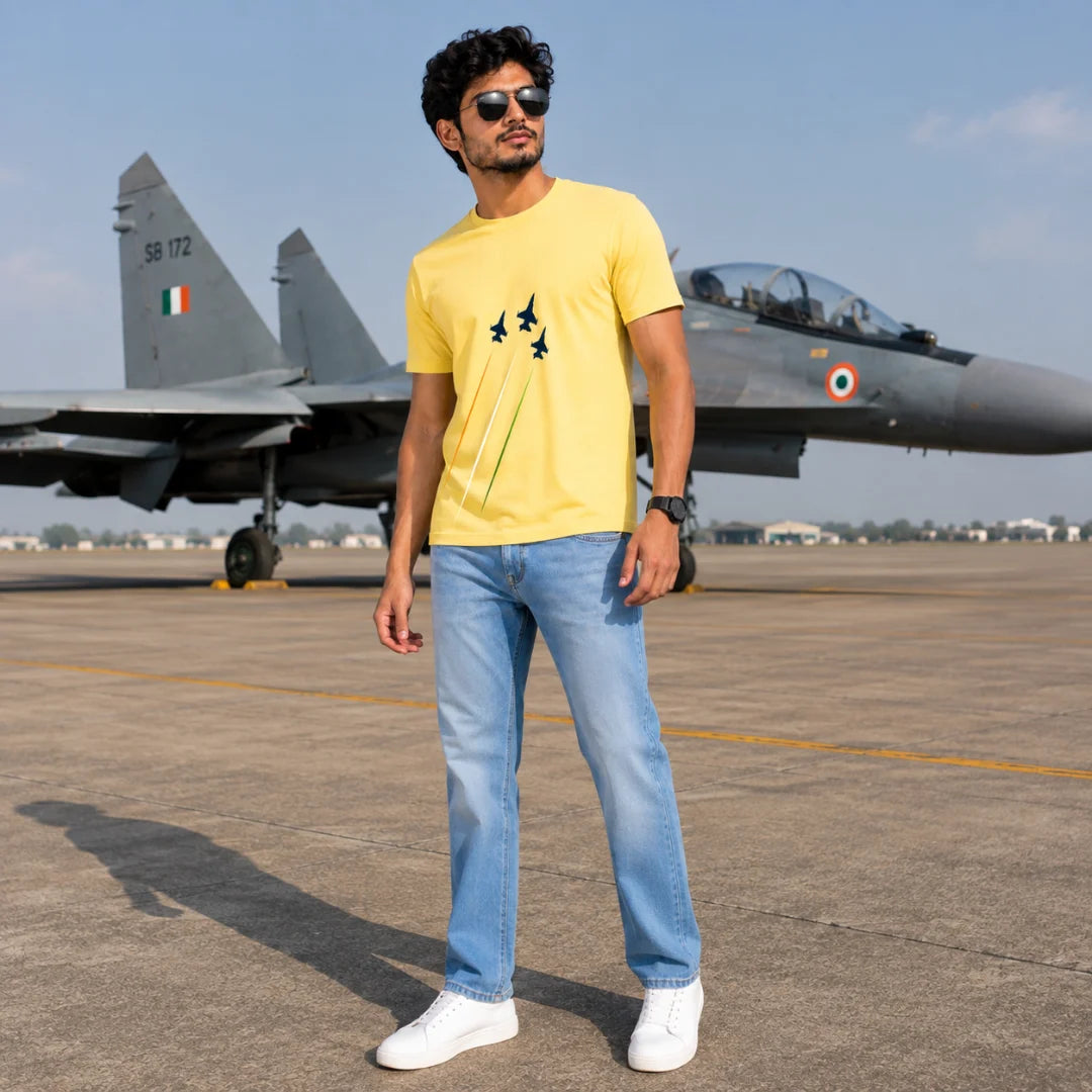 Premium Patriotic Fighter Jet Graphic T-Shirt | 180 GSM Pure Cotton, Bio-Washed Regular Fit