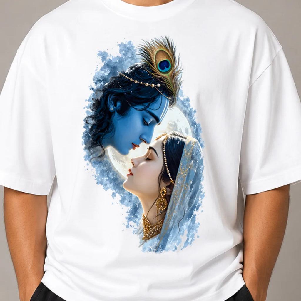 Excello Men's Divine Radha Krishna Graphic Oversized T-Shirt - 240 GSM Pure Cotton, Bio-Washed
