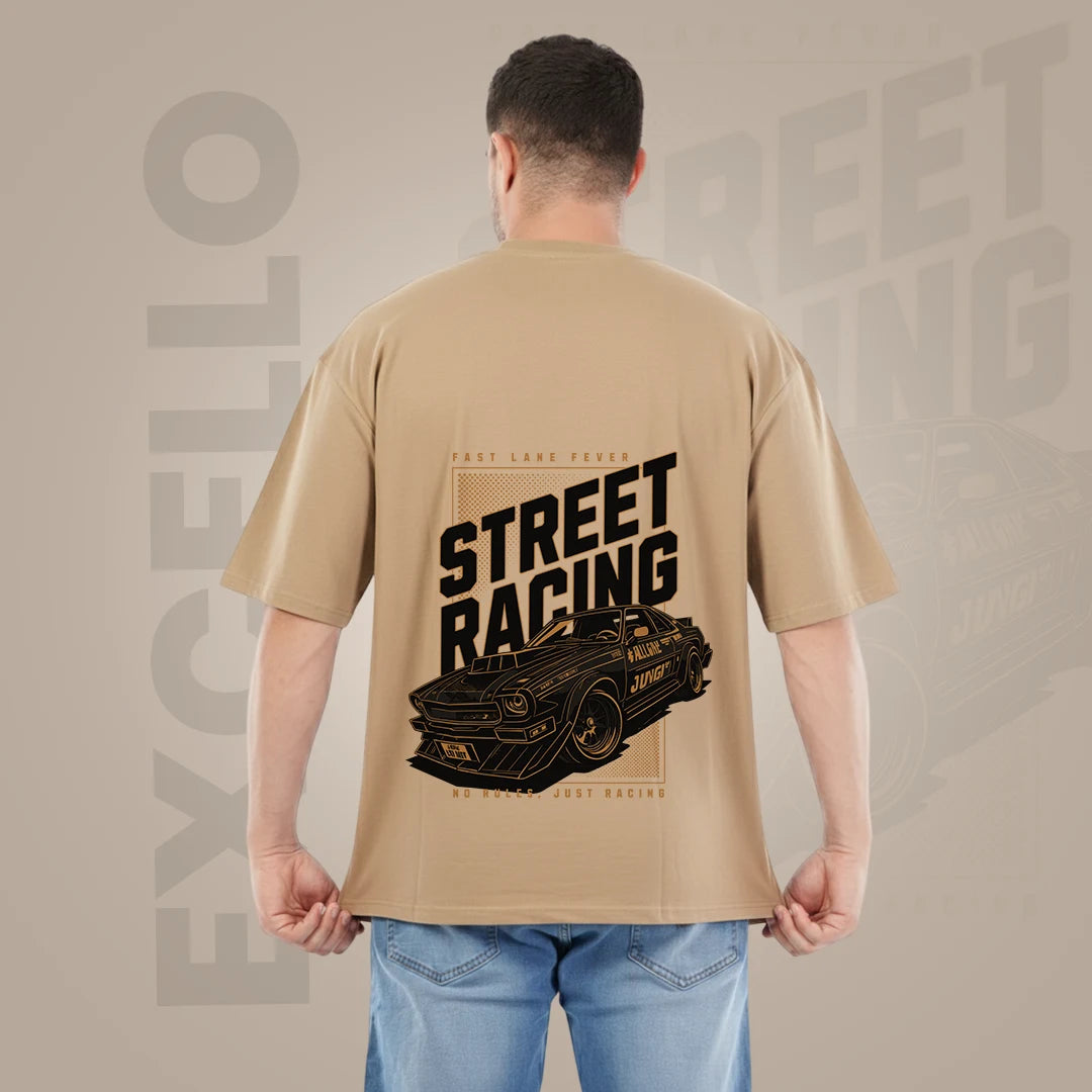Men’s Oversized "Street Racing" Graphic T-Shirt - Camel Tan