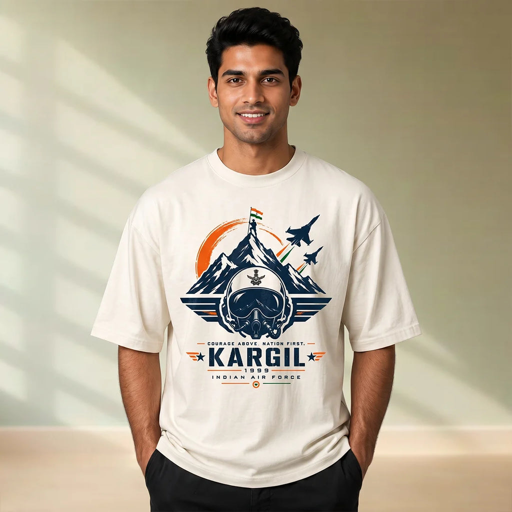 Men's Oversized Graphic T-Shirt - Kargil 1999 Indian Air Force Tribute, 240 GSM Pure Cotton, Bio-Washed
