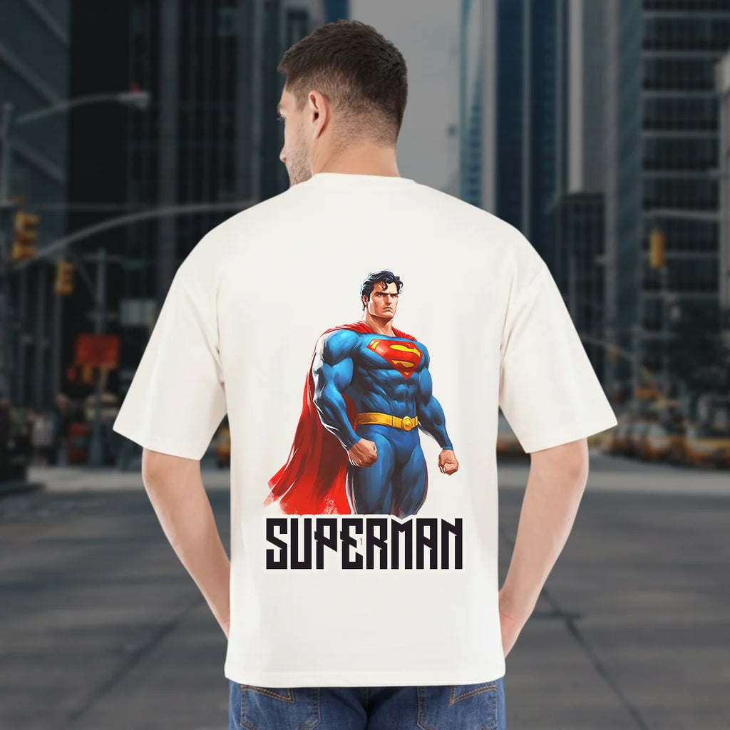 Superman Men’s Off  White Oversized T-Shirt – 100% Cotton, 220 GSM Heavyweight Streetwear Tee with Front Logo & Back Graphic