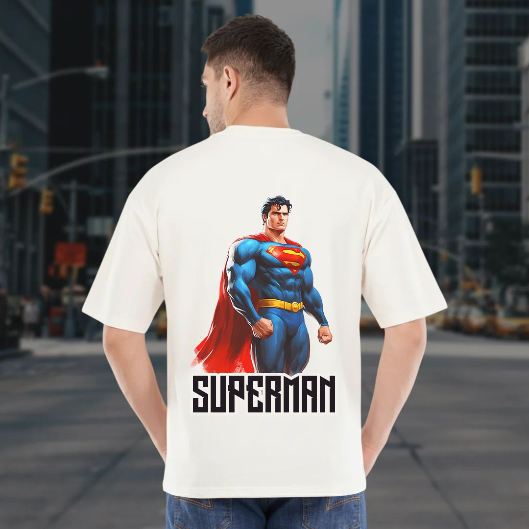 Superman Men’s Off  White Oversized T-Shirt – 100% Cotton, 220 GSM Heavyweight Streetwear Tee with Front Logo & Back Graphic