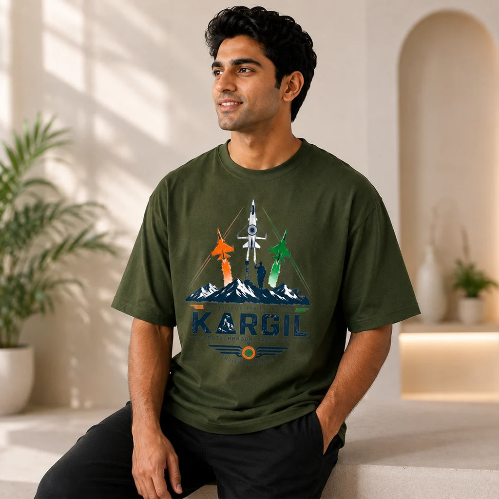 Men's Oversized Graphic T-Shirt - Kargil Indian Air Force Tribute, 240 GSM Pure Cotton, Bio-Washed