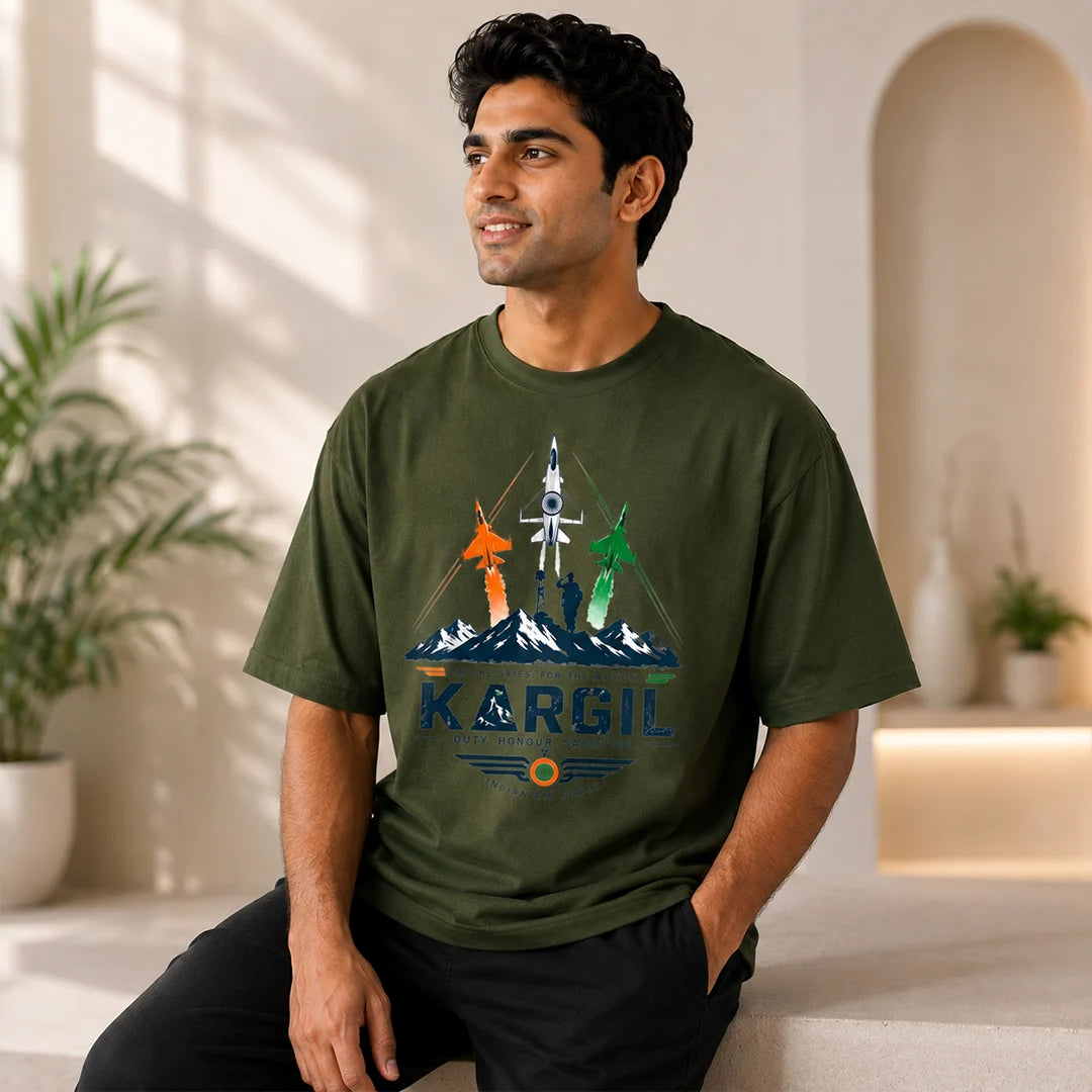 Men's Oversized Graphic T-Shirt - Kargil Indian Air Force Tribute, 240 GSM Pure Cotton, Bio-Washed
