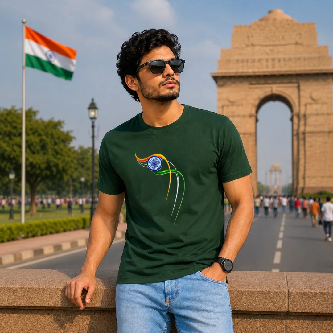 Excello Men's Patriotic Ashoka Chakra Graphic T-Shirt | 180 GSM Pure Cotton | Double Bio-Washed | Premium DTF Print