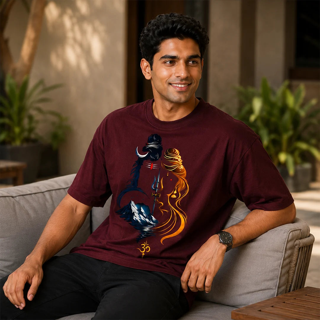 Men's Divine Ardhanareshvara Oversized Graphic T-Shirt - 240 GSM Pure Cotton, Bio-Washed