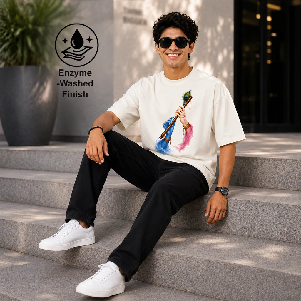 Excello Men's Divine Radha Krishna Flute Graphic Oversized T-Shirt - 240 GSM Pure Cotton, Bio-Washed