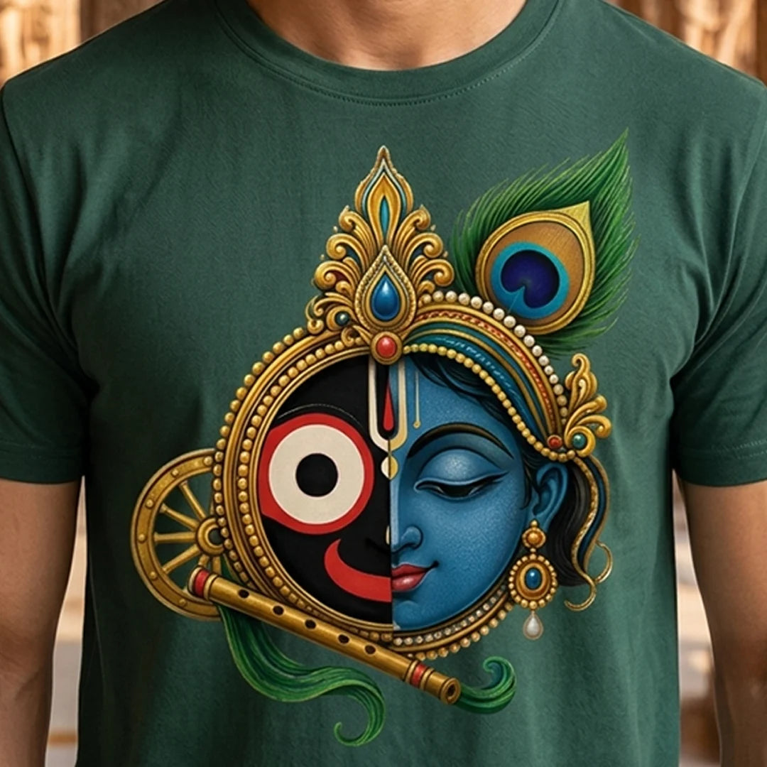 Men's Pure Cotton Lord Jagannath & Sri Krishna Fusion Graphic Printed T-Shirt