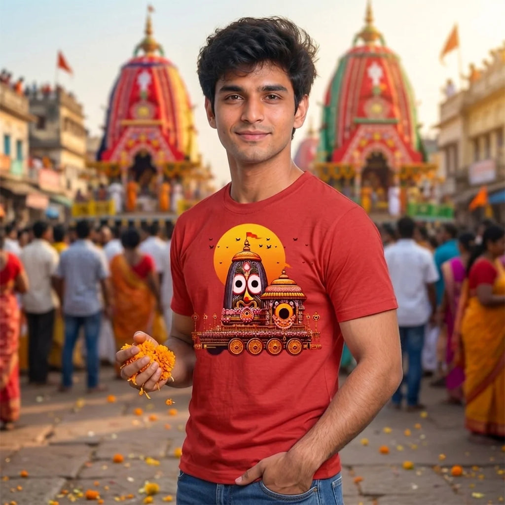 Premium Men's Pure Cotton Lord Jagannath Face & Rath Yatra Chariot Graphic T-Shirt