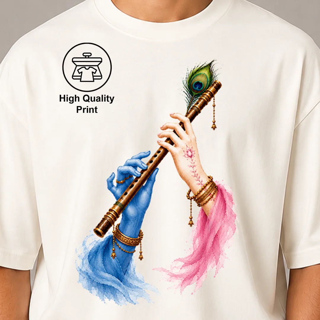 Excello Men's Divine Radha Krishna Flute Graphic Oversized T-Shirt - 240 GSM Pure Cotton, Bio-Washed